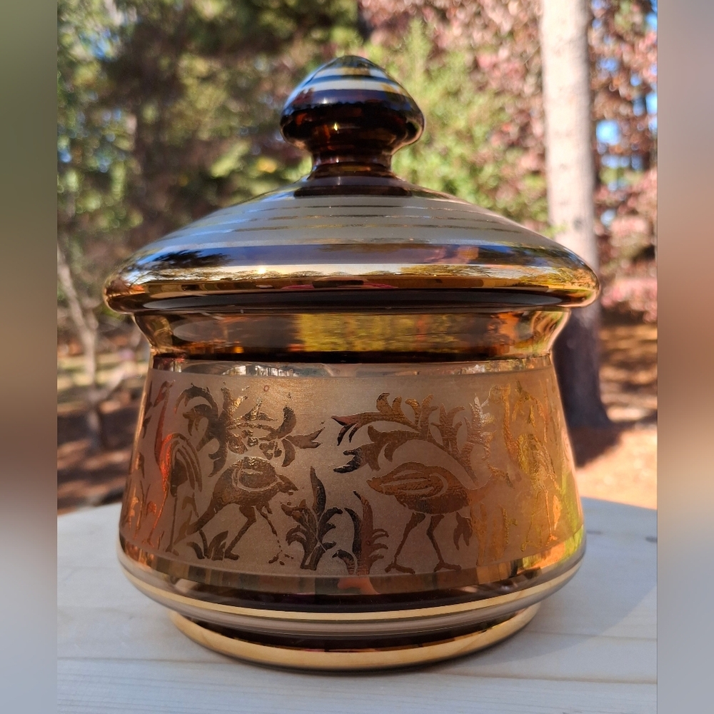 Vintage MCM Czech Bohemian Dark Amber Glass & Gold Cranes Covered Candy Dish - Picture 2 of 14